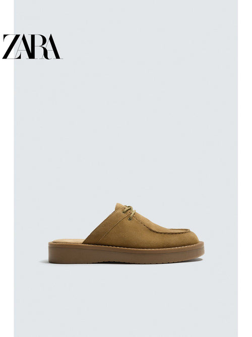 ZARA 2026 Novos Sapatos Masculinos de Verão com Acabamento em Camurça, Bico Redondo, Sola de Madeira, 2467720 102