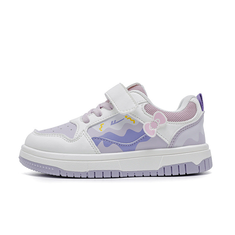 Sapatos infantis Warrior color-block, sapatos infantis com graffiti color-block, novos sapatos na moda e versáteis de sola grossa na primavera, ténis desportivos femininos com superfície de couro e respiráveis