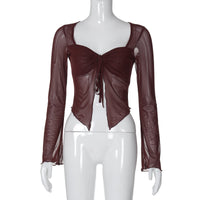 Roupa feminina transfronteiriça europeia e americana 2025 verão INS novo cardigan sexy de rapariga com cordão, t-shirt de rede de manga comprida