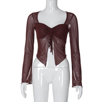 Roupa feminina transfronteiriça europeia e americana 2025 verão INS novo cardigan sexy de rapariga com cordão, t-shirt de rede de manga comprida