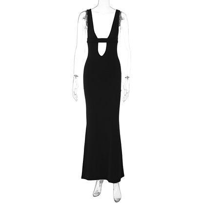 Novo vestido longo elegante com alças finas em V em estilo ocidental e europeu de estilo sexy em V profundo com busto oco, um elegante vestido longo com tiras finas