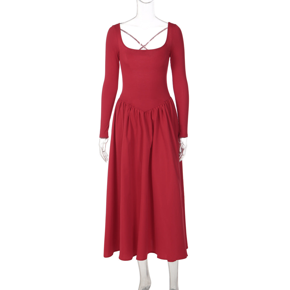 Vestido elegante estilo Hepburn francês 2026, vestido comprido estreito de cor sólida sem costas e amarração cruzada slim para mulher, dropshipping