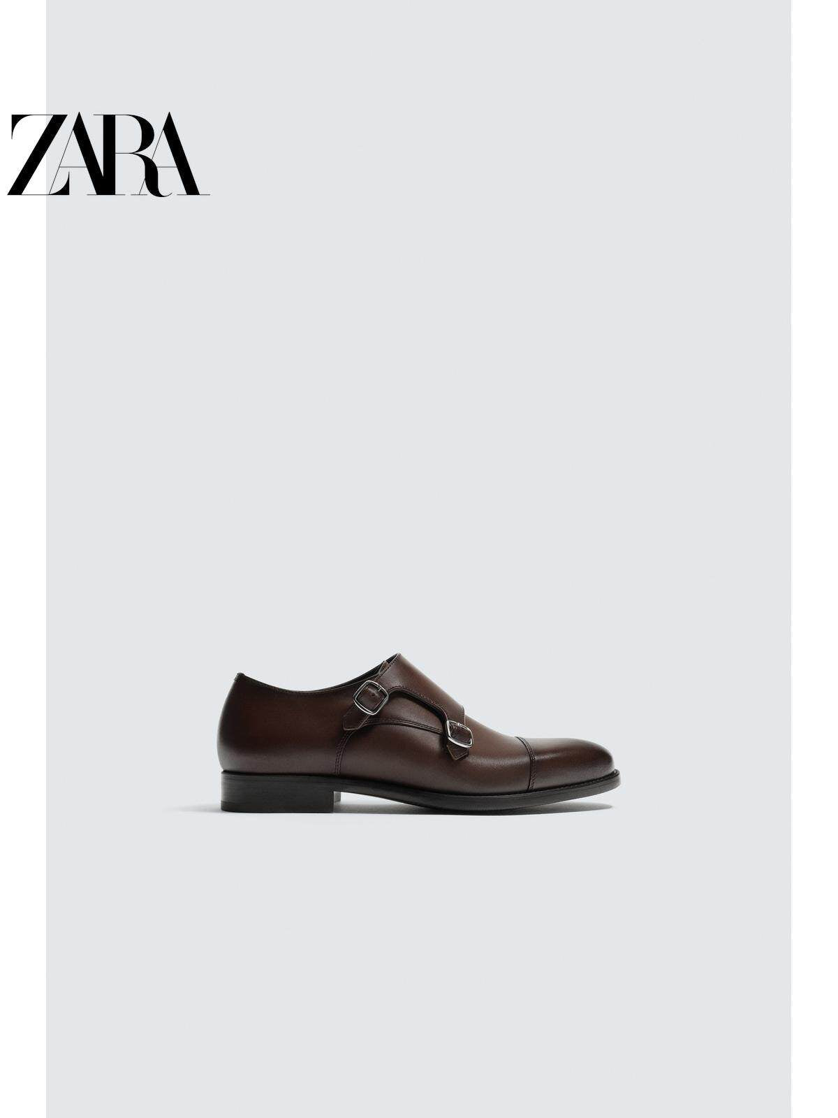 ZARA Coleção Primavera/Verão 2026 Sapatos Masculinos, Sapatos de Couro Marrom com Fivela Dupla, Sapatos Monk Sociais, 2410621 700