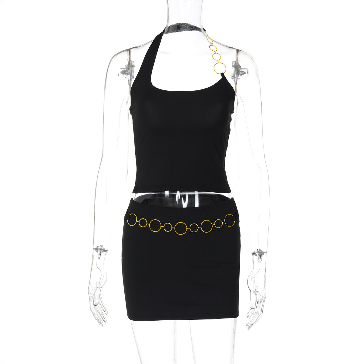 Comércio Estrangeiro: novo look de rapariga elegante de rua para mulheres em estilo de rua, cabresto de corrente e cobertura no peito, conjunto de saia curta ultra-curta e sexy