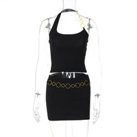 Comércio Estrangeiro: novo look de rapariga elegante de rua para mulheres em estilo de rua, cabresto de corrente e cobertura no peito, conjunto de saia curta ultra-curta e sexy