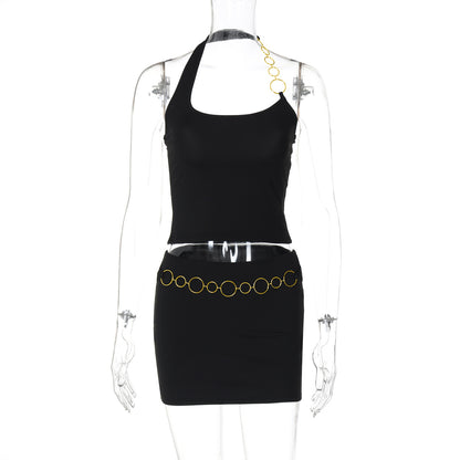 Comércio Estrangeiro: novo look de rapariga elegante de rua para mulheres em estilo de rua, cabresto de corrente e cobertura no peito, conjunto de saia curta ultra-curta e sexy