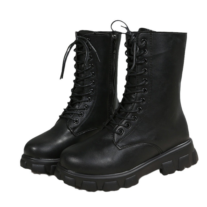 Comércio Estrangeiro Botas de Mulher Plus Size 2025 Outono/Inverno Novas Botas de Salto Grosso com Ponta Redonda com Ponta Grossa de Salto Baixo Martin Botas de Mota Feminina Tornozeleira