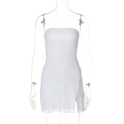 Vestido curto sexy sexy com fendas em renda fina e bestseller cross-fronteiriço da Amazon, nova moda feminina sem alças em retalhos