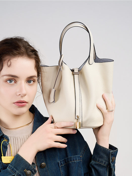 Malas 2026 Nova Cesta de Couve com Balde Bolsa de Mulher TC Mala de Pele Genuína Mala de Mãe Bolsa de Noiva Sensação de Luxo de Casamento