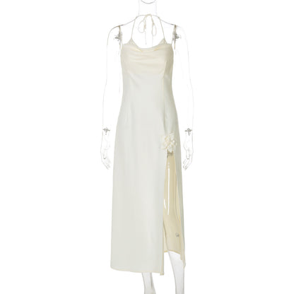 Estilo europeu e americano, novo vestido floral com decote sexy de gíria sexy, vestido floral de mulher madura de cor sólida e cetim de cor sólida