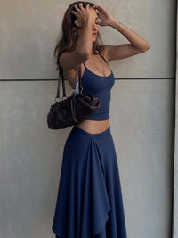 Conjunto europeu e americano de verão transfronteiriço, conjunto de duas peças de saia comprida de cor justa e sexy na moda, justo e sensual, camisola pequena de cor sólida e saia longa de duas peças para mulheres