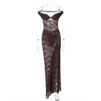 Conjunto de vestido longo de verão transfronteiriço, europeu e americano, com retalhos sexy, ombros sem costas, de renda translúcida com fendas, conjunto de vestido comprido para mulheres