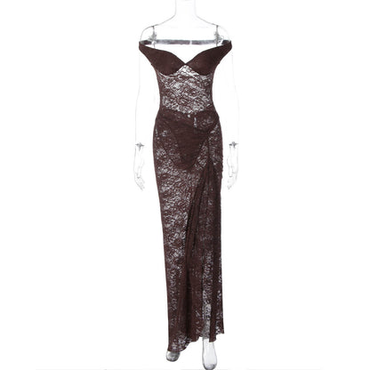Conjunto de vestido longo de verão transfronteiriço, europeu e americano, com retalhos sexy, ombros sem costas, de renda translúcida com fendas, conjunto de vestido comprido para mulheres