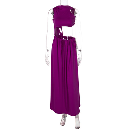 2026 Moda Mais Vendida na Europa e nos Estados Unidos Colete Oco de Cor Sólida Patchwork Cravata Lateral Curta Vestido Longo para Mulheres