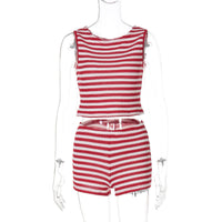 Bestseller transfronteiriço da Amazon, novo top-shirt de alças às riscas às riscas, calções slim fit sexy, conjunto de roupa feminina de duas peças