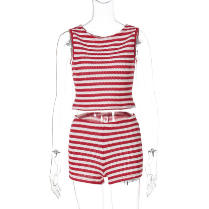 Bestseller transfronteiriço da Amazon, novo top-shirt de alças às riscas às riscas, calções slim fit sexy, conjunto de roupa feminina de duas peças