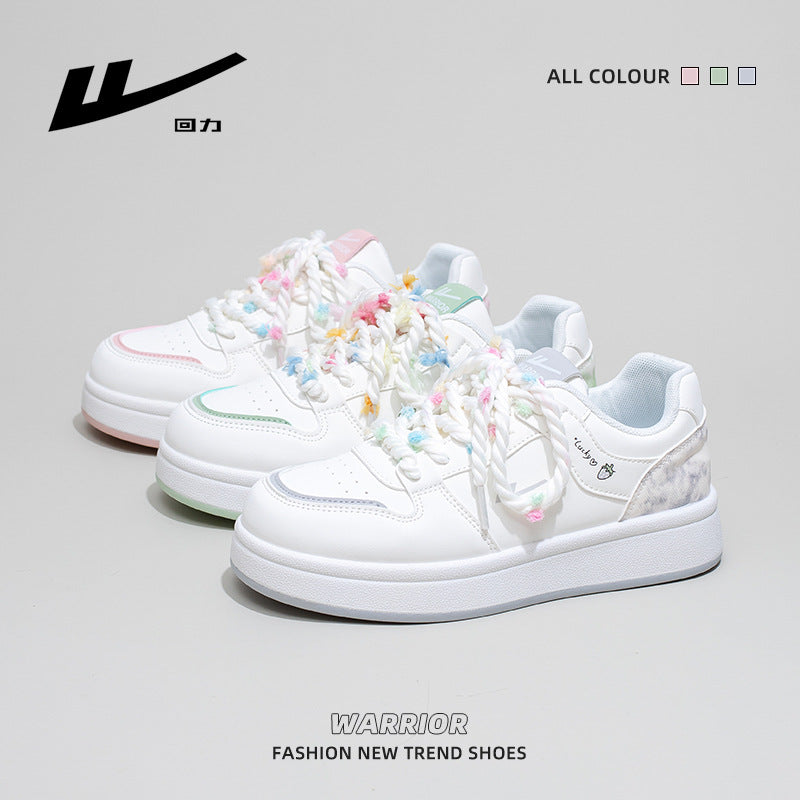 Sapatos Warrior matcha verde dopamina com sola grossa, sapatos quentes de estudante com atacadores, tie-dye e respiráveis, sapatos femininos de alto valor com blocos de cor