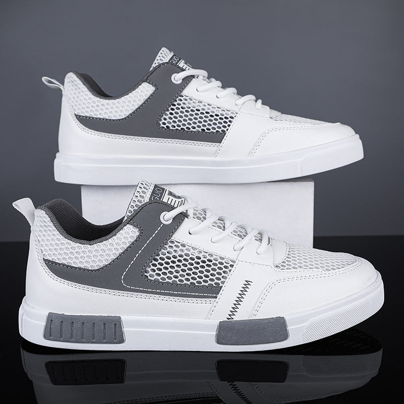 Sapatilhas de malha fina respiráveis de malha oca, sapatilhas casuais leves de quadro branco, sapatilhas desportivas masculinas em malha