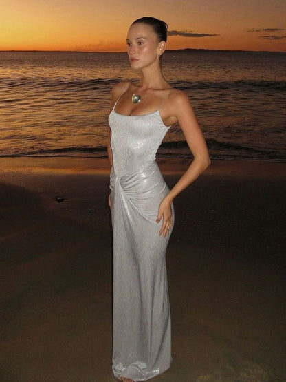 Vestido longo de ajuste longo elegante, elegante para mulheres europeias e americanas maduras, plissado e torcido, com punhos, com punhos altos e pregueado