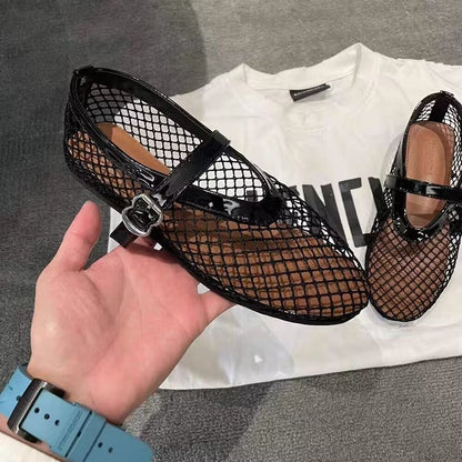 Temu Novos Sapatos Femininos Plus Size Transfronteiriços, sapatos de ballet em malha, fivelas de cinto femininas, acabamentos em verniz, confortáveis, respiráveis, ocos