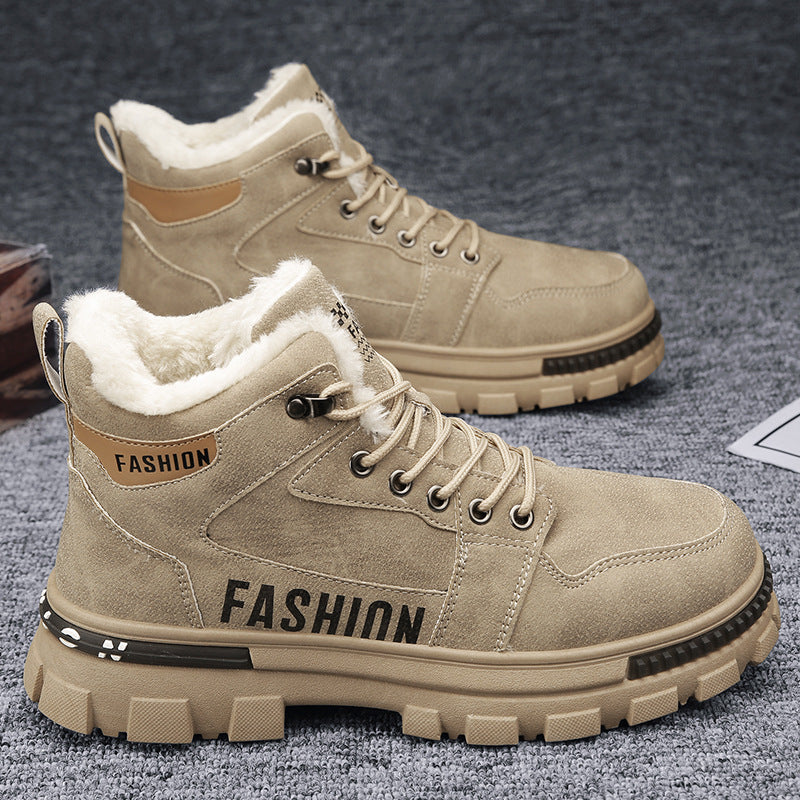 Botas de neve masculinas, botas de algodão espessas forradas a polar para o inverno 2025, sapatos masculinos resistentes ao frio, sapatos quentes de algodão, botas Martin masculinas