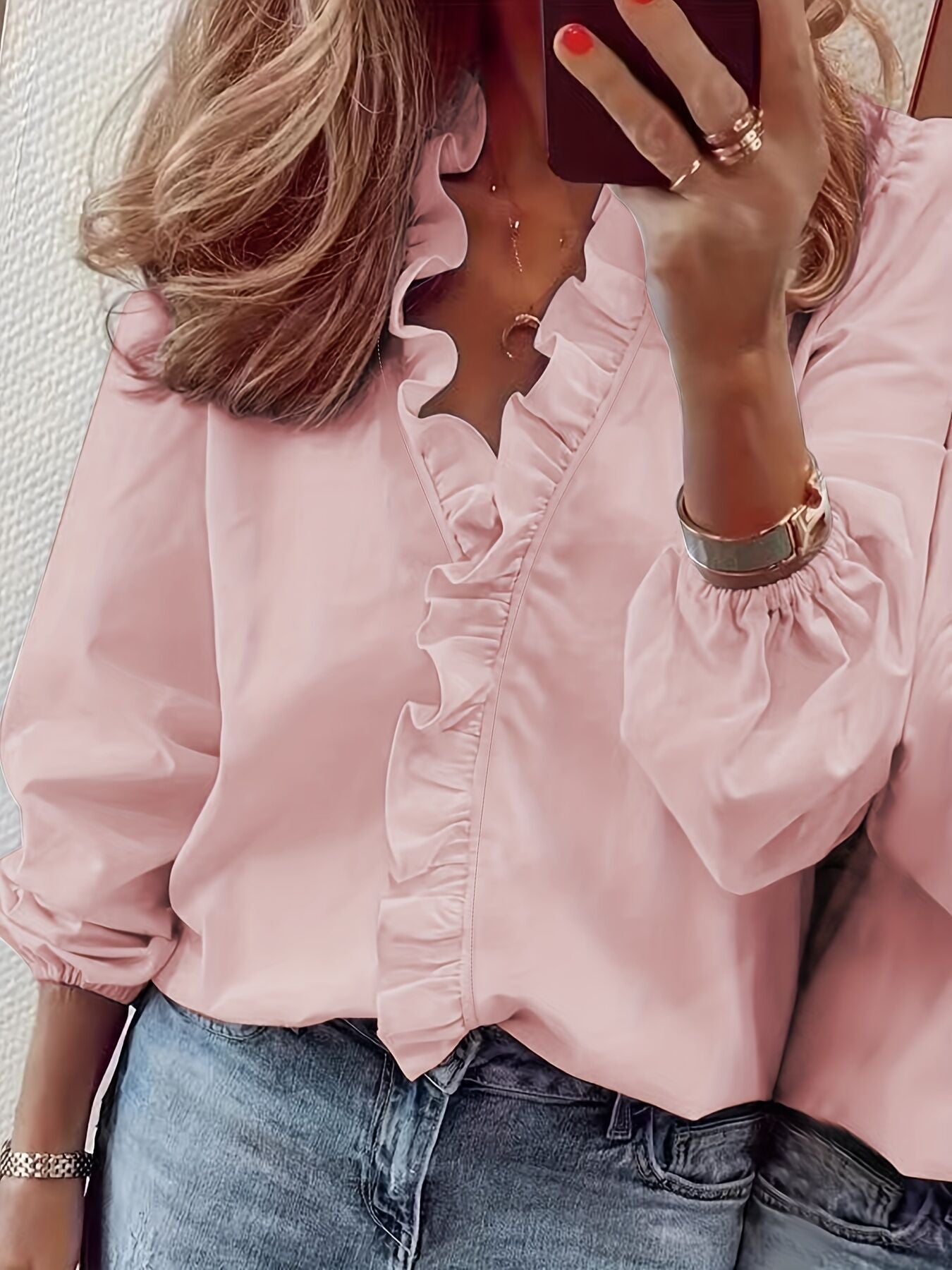 Comércio externo transfronteiriço roupa feminina europeia e americana, primavera, verão, outono, inverno, camisas com folhos, camisas femininas, largas e elegantes, estilosas para deslocações