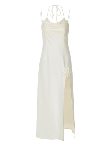Estilo europeu e americano, novo vestido floral com decote sexy de gíria sexy, vestido floral de mulher madura de cor sólida e cetim de cor sólida