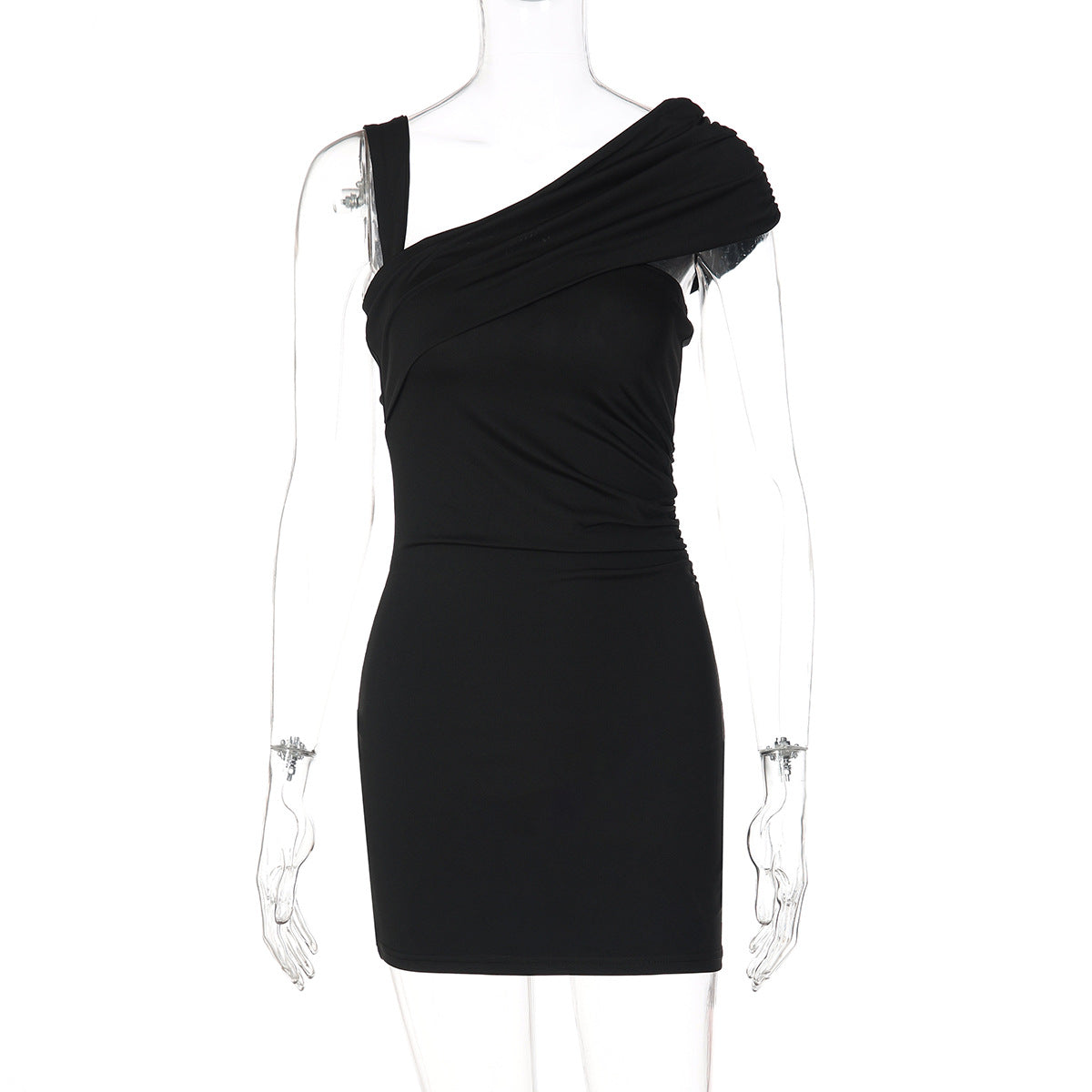 Roupa Feminina Europeia e Americana 2026 Verão Novo Vestido Curto Diagonal Fita Ajustada de Cor Lisa para Mulheres, Grossista para Mulheres