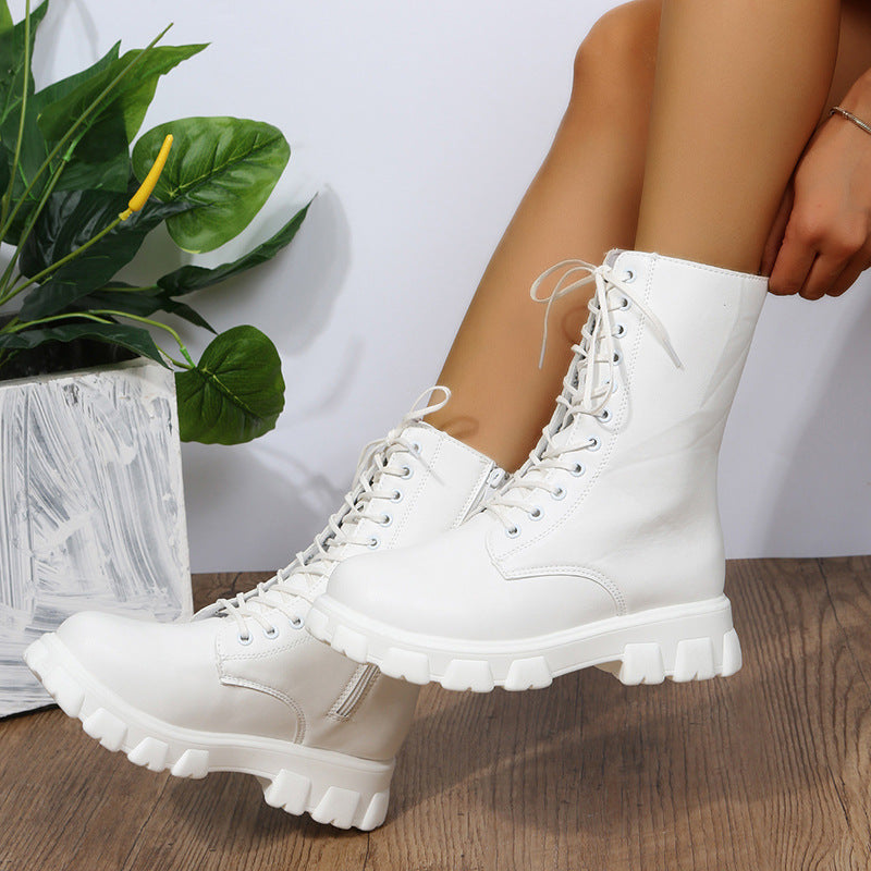 Comércio Estrangeiro Botas de Mulher Plus Size 2025 Outono/Inverno Novas Botas de Salto Grosso com Ponta Redonda com Ponta Grossa de Salto Baixo Martin Botas de Mota Feminina Tornozeleira