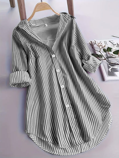Nova exportação da Amazon, roupa feminina europeia e americana, camisa clássica às riscas, camisa casual larga de manga comprida com riscas
