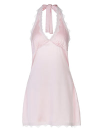Vestido curtíssimo em reviravolta em V profundo e com renda em estilo europeu, americano e francês, sexy, oco e sem costas