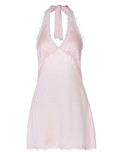 Vestido curtíssimo em reviravolta em V profundo e com renda em estilo europeu, americano e francês, sexy, oco e sem costas