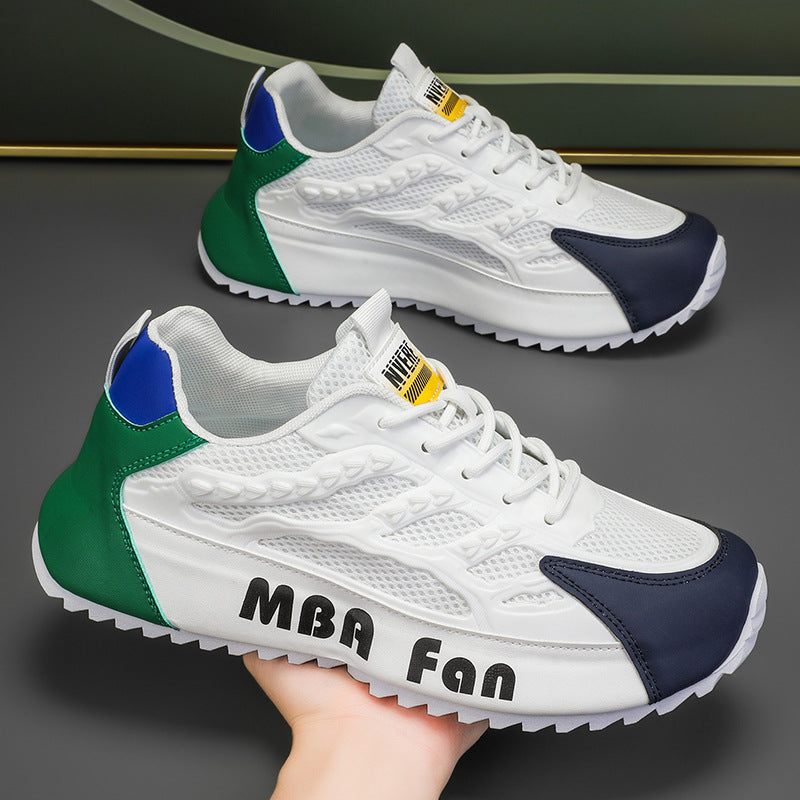Novos Sapatos Brancos Brancos de Verão 2025 de Rede Fina Fino Respiráveis Respiráveis Desportivos Versáteis Brancos Ténis Forrest Dad para Aumento de Altura