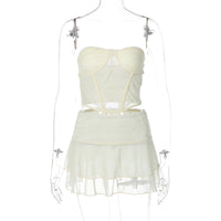 Conjunto de saia curta ultra-curta curta de duas camadas de dupla camada de roupa para mulheres com colagem sexy sexy de renda transparente para mulheres