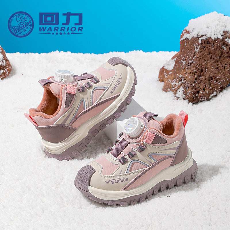 Ténis desportivos de criança com topo de pele Warrior Knob, sapatos de algodão quentes forrados a polar com blocos de cor e molés, fáceis de calçar e tirar, sapatos de inverno