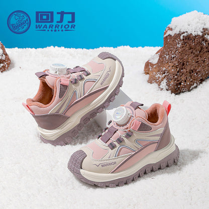 Ténis desportivos de criança com topo de pele Warrior Knob, sapatos de algodão quentes forrados a polar com blocos de cor e molés, fáceis de calçar e tirar, sapatos de inverno