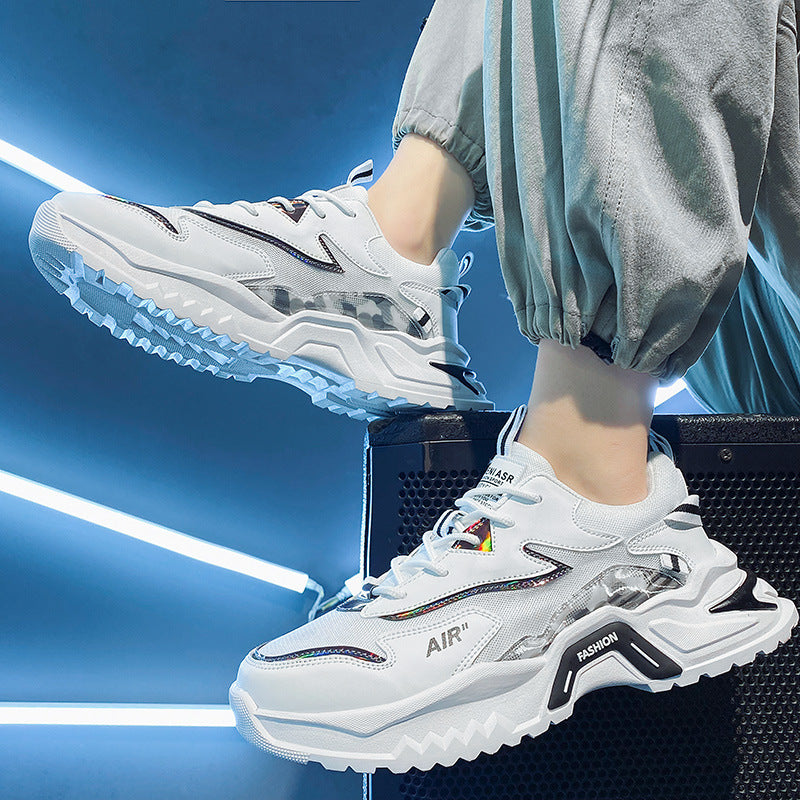 Sapatos masculinos, primavera versátil para jovens de corrida casual, sapatos desportivos de sola grossa para homem, sapatilhas de pai branco para homens na moda