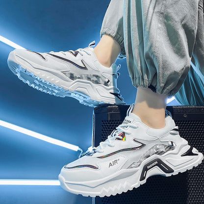 Sapatos masculinos, primavera versátil para jovens de corrida casual, sapatos desportivos de sola grossa para homem, sapatilhas de pai branco para homens na moda