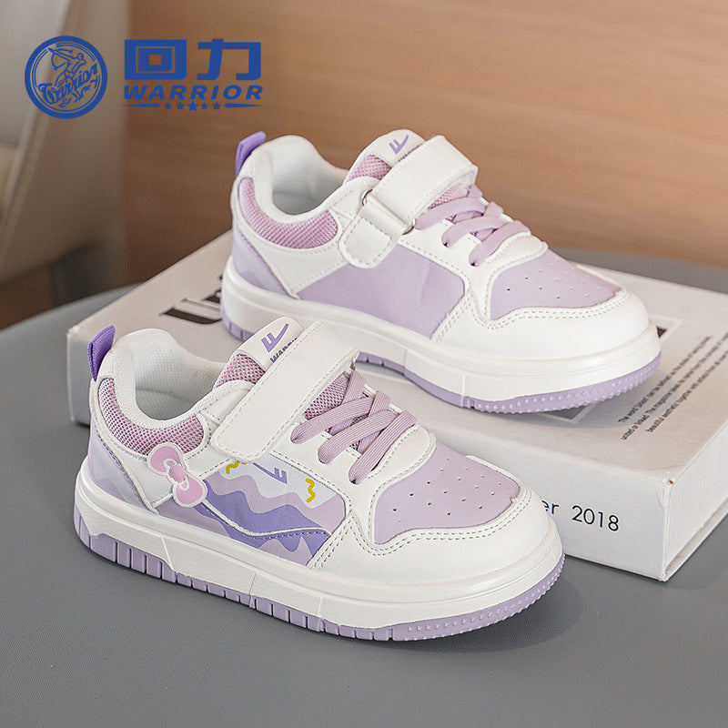 Sapatos infantis Warrior color-block, sapatos infantis com graffiti color-block, novos sapatos na moda e versáteis de sola grossa na primavera, ténis desportivos femininos com superfície de couro e respiráveis