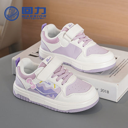 Sapatos infantis Warrior color-block, sapatos infantis com graffiti color-block, novos sapatos na moda e versáteis de sola grossa na primavera, ténis desportivos femininos com superfície de couro e respiráveis