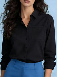 Camisa feminina elegante, europeia e americana, de quatro estações, bolso transfronteiriço e manga comprida, solta e lapela