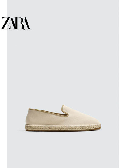 Sapatos masculinos ZARA Primavera/Verão 2026: Cabedal em algodão, design liso, forma arredondada, sola de linho. Modelo 2743720 002.