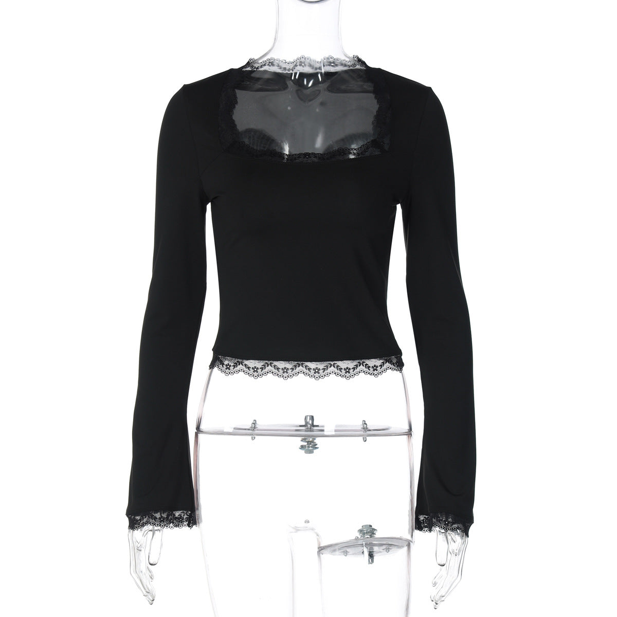 Amazon Novas camisolas femininas versáteis, com gola quadrada, gola quadrada em renda lateral e manga longa, slim-fit, na moda da Amazon, para comércio exterior