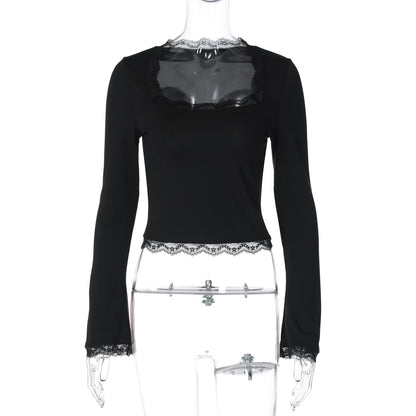 Amazon Novas camisolas femininas versáteis, com gola quadrada, gola quadrada em renda lateral e manga longa, slim-fit, na moda da Amazon, para comércio exterior