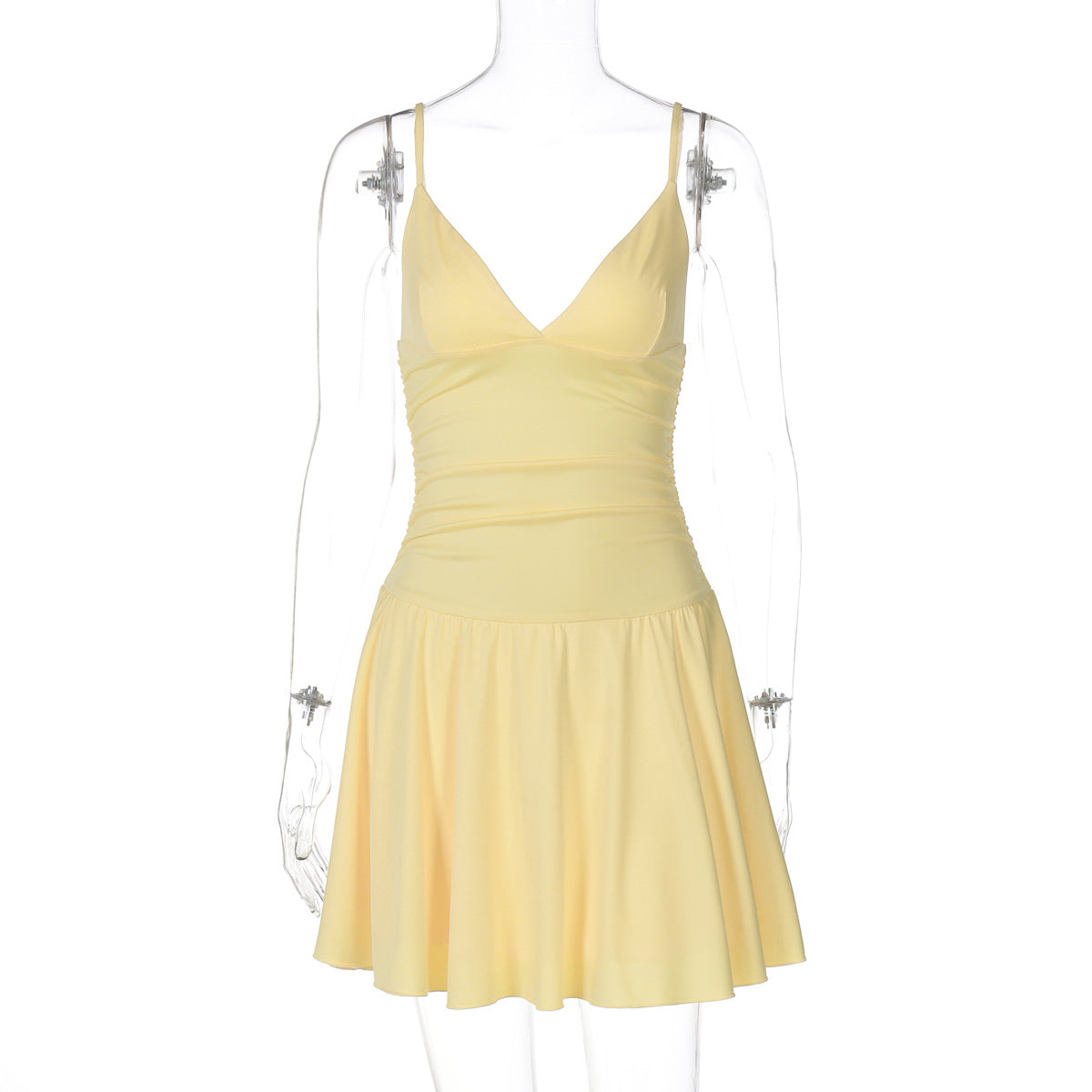 Vestido Slip Princess Short Slim de cor contínua Europeu e Americano 2026 Verão Sexy de Decote em V, Cor Liso Fresco Slim