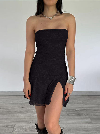 Vestido curto sexy sexy com fendas em renda fina e bestseller cross-fronteiriço da Amazon, nova moda feminina sem alças em retalhos