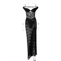 Conjunto de vestido longo de verão transfronteiriço, europeu e americano, com retalhos sexy, ombros sem costas, de renda translúcida com fendas, conjunto de vestido comprido para mulheres