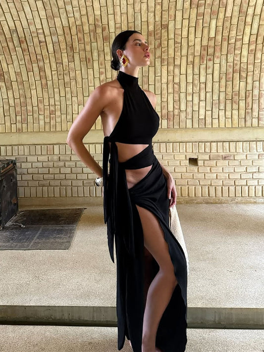 Vestido atravessado Amazon, ao estilo europeu e americano, novo, sexy, de retalhos sem costas sem costas, com abertura longa, vestido halter para mulheres
