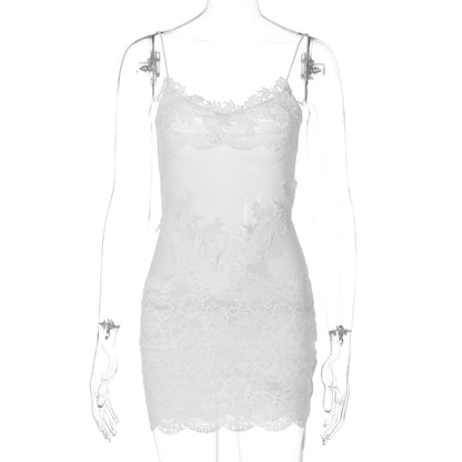 Moda INS europeia e americana, novo vestido sexy e picante de rapariga, renda transparente, justo ao corpo, renda ajustada às ancas para mulheres