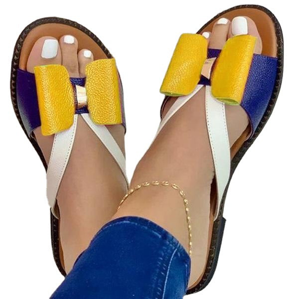 Primavera/Verão 2025 Novas Sandálias de Mulher com laço de bloco de cor plano, sapatos femininos de exportação plus size, estilo europeu e americano